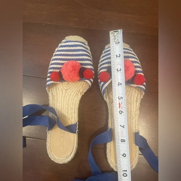 J. Crew Blue stripe & Red pompom Espadrille Sandals with Ribbon Ties - Picture 4 of 11